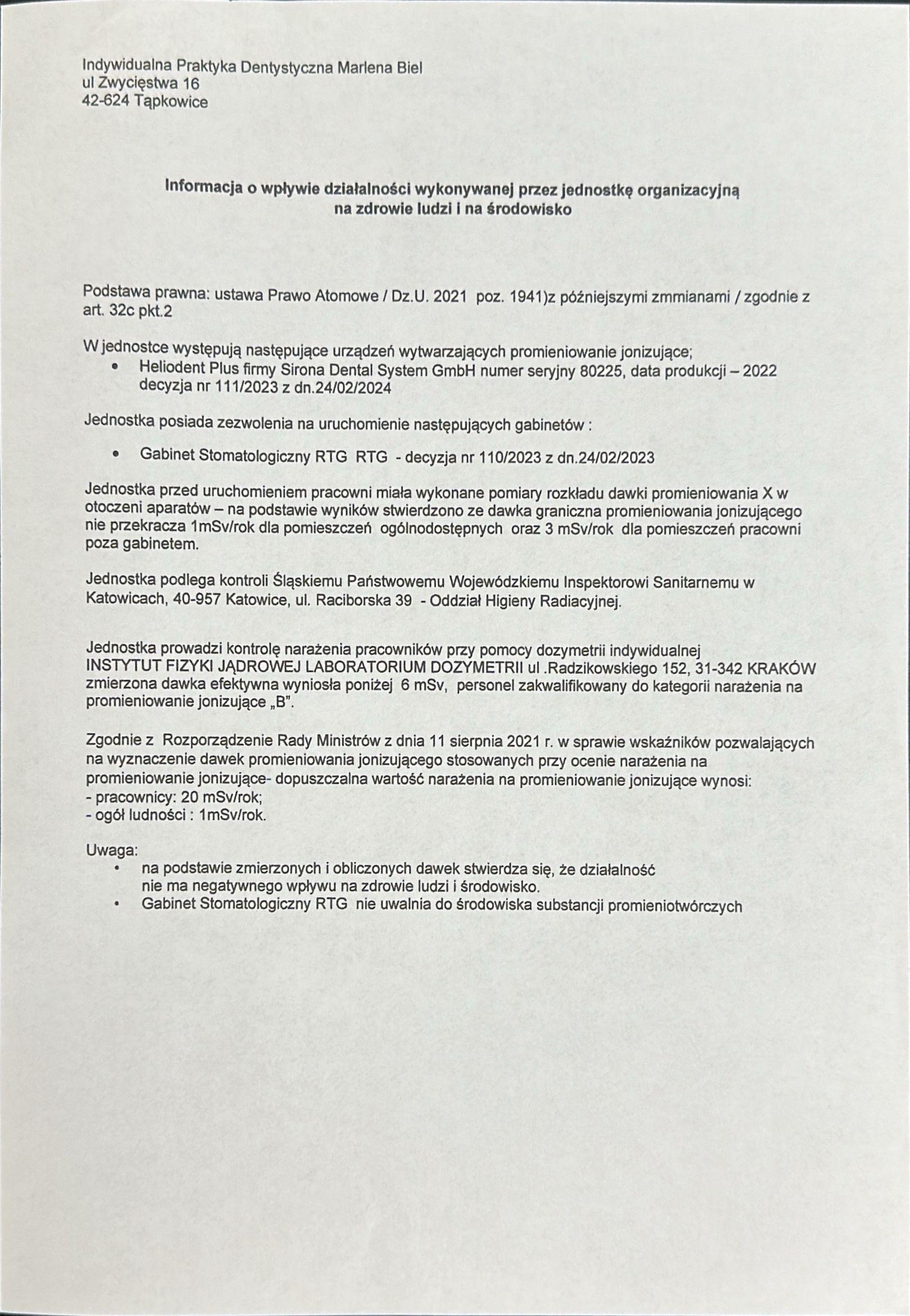 Dokument informacyjny o wpływie promieniowania na zdrowie